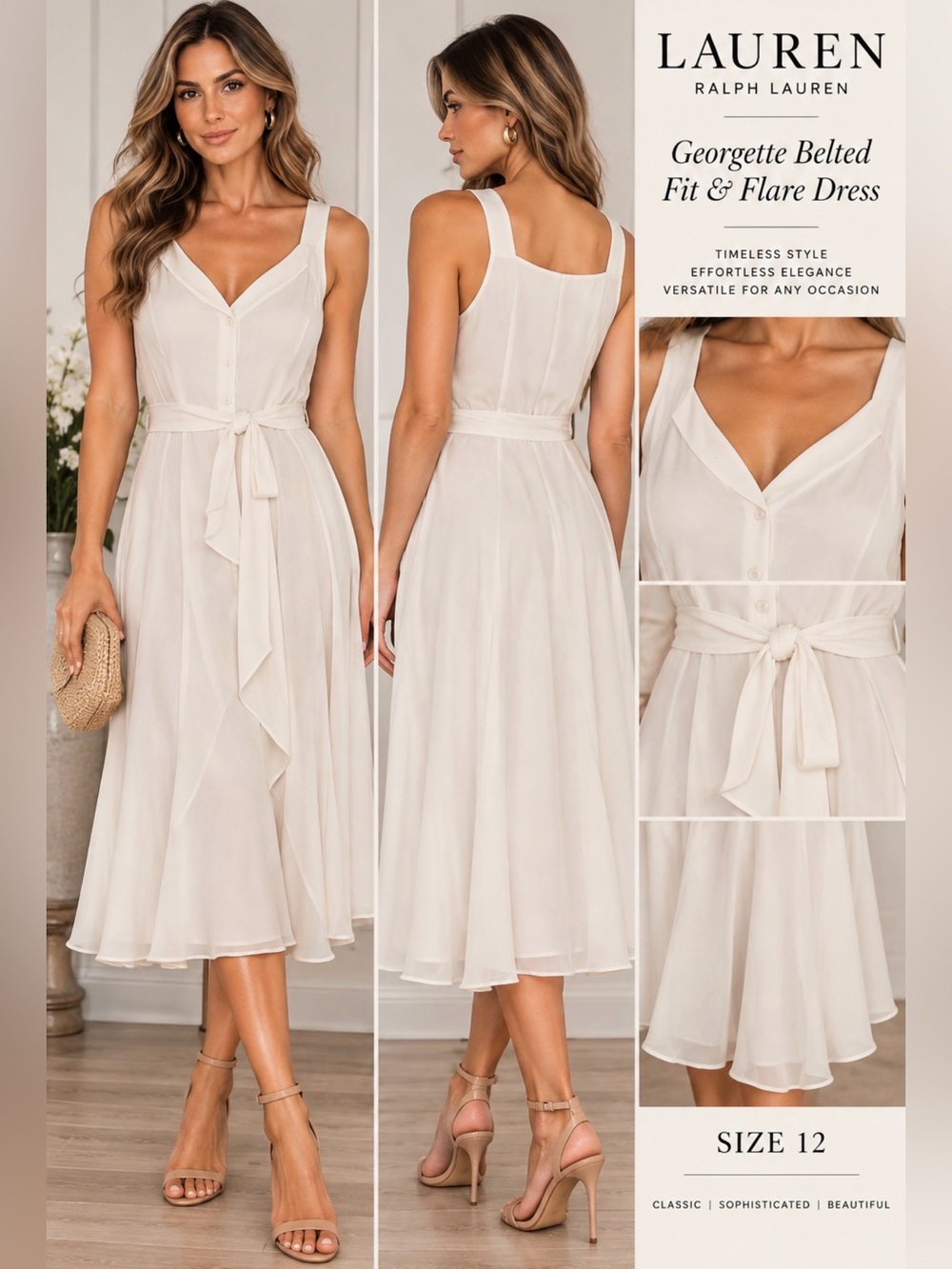 Lauren Ralph Lauren Georgette Belted Fit & Flare Dress‎ Women 12 Elegant NEW